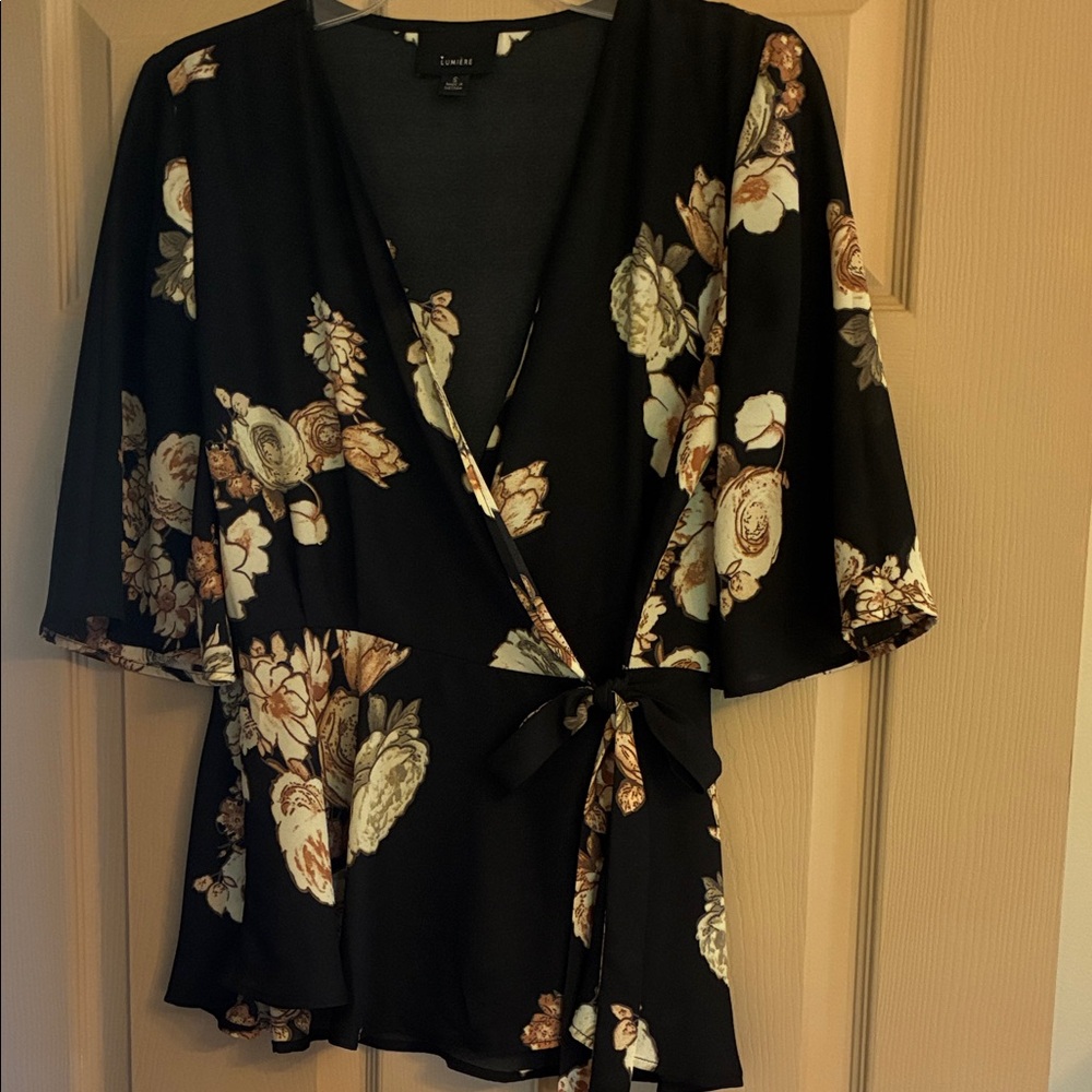 Lumiere Black Wrap Blouse with Cream & Tan Floral Print